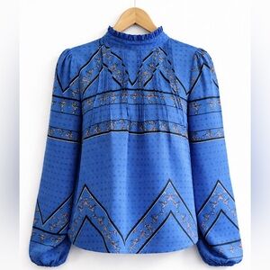 Maison d’Amélie Paris Blue Boho Blouse SizeS High Neck Ruffle Vintage Style